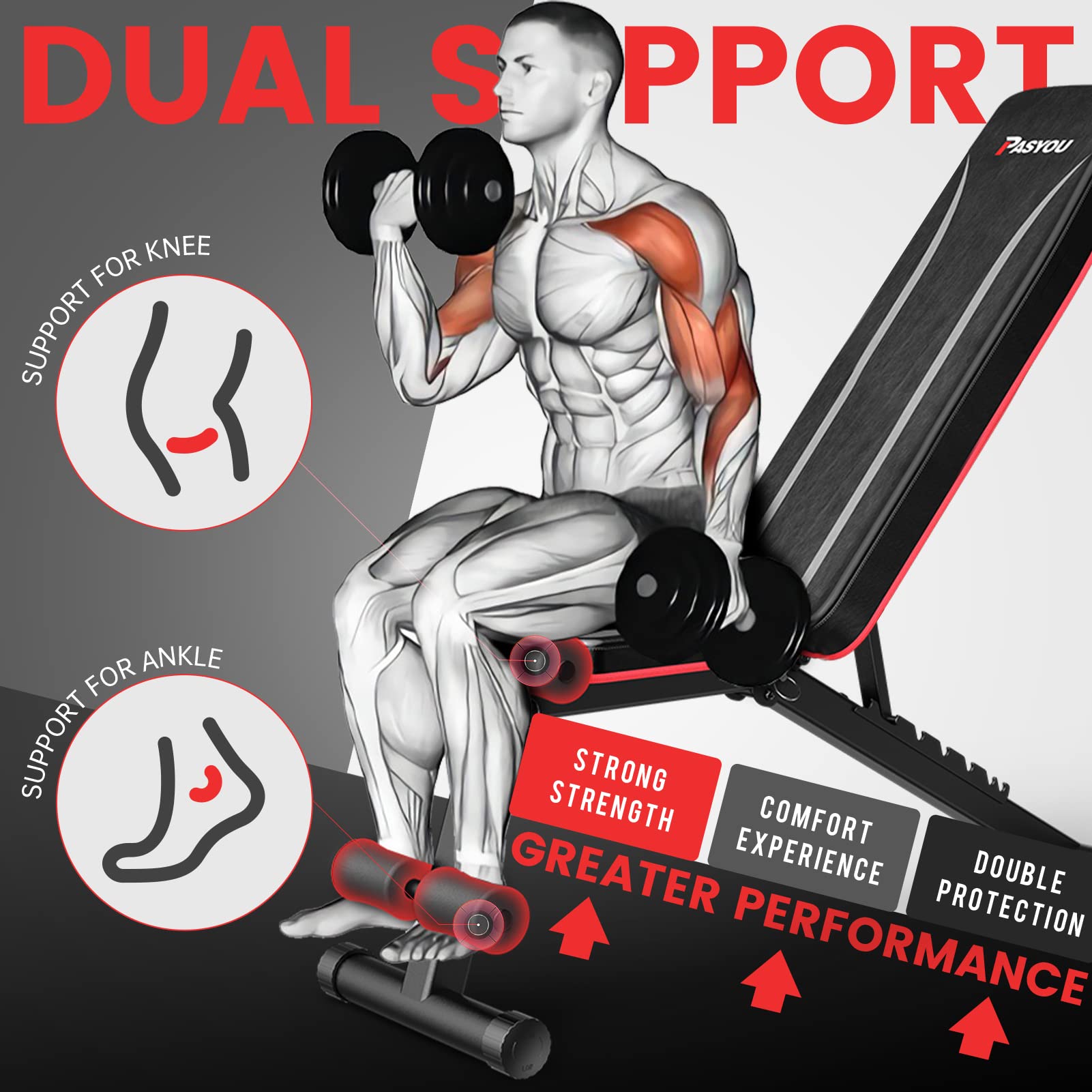 PASYOU Hantelbank Klappbar Verstellbar, Multifunktions Trainingsbank Schrägbank für Ganzkörper-workout,7 in 1 Fitnessbank für zu Hause oder im Fitnessstudio, 230kg Gewichtskapazität